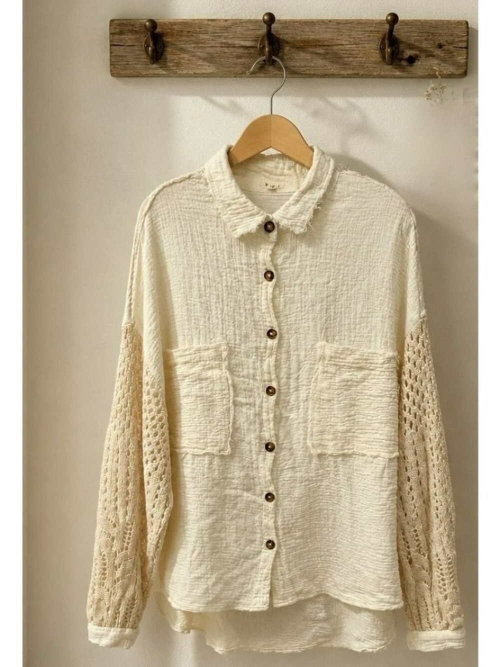 POL Oversized Boho Cotton Gauze Natural Cream Button-up Knit Sleeve Shacket Sz M